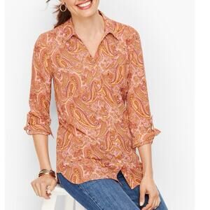 Talbots Paisley Button Down Blouse 2XP Plus Petite Pink Orange Fall Preppy Top